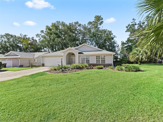 single story home featuring a front yard and a garage