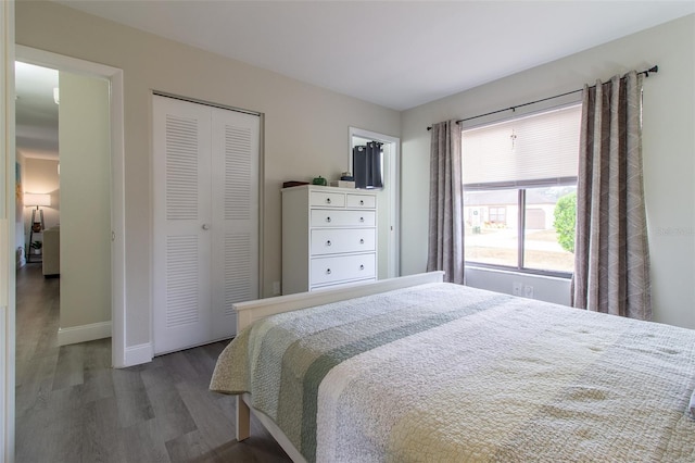 bedroom with dark hardwood / wood-style flooring and a closet