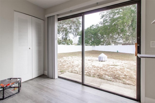 doorway to outside with light wood-type flooring