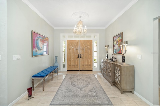 foyer featuring light tile patterned floors, ornamental molding, and a notable chandelier