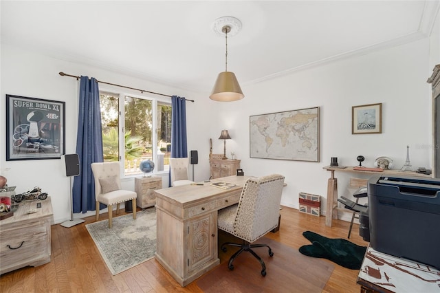 home office with light hardwood / wood-style floors and ornamental molding