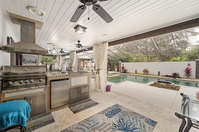 view of patio featuring a fenced in pool, area for grilling, and a lanai