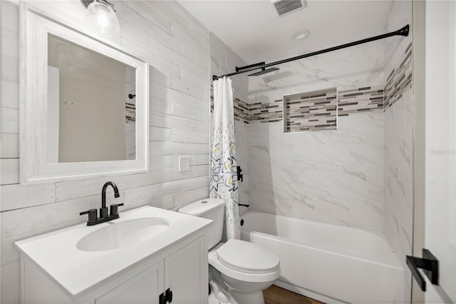 full bathroom with tasteful backsplash, vanity, shower / bathtub combination with curtain, tile walls, and toilet