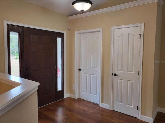 foyer featuring crown molding and dark hardwood / wood-style floors