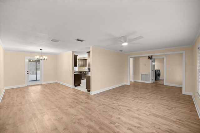 unfurnished living room with ceiling fan with notable chandelier, light hardwood / wood-style floors, and ornamental molding