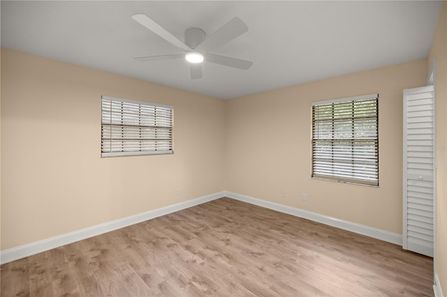 unfurnished bedroom featuring light hardwood / wood-style floors and ceiling fan