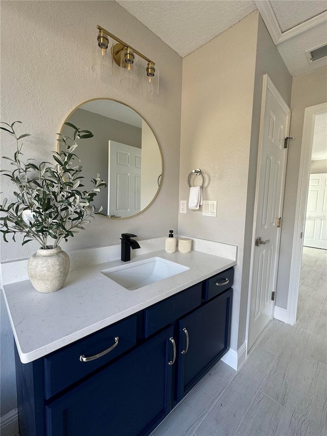 bathroom with hardwood / wood-style flooring, vanity, and a textured ceiling