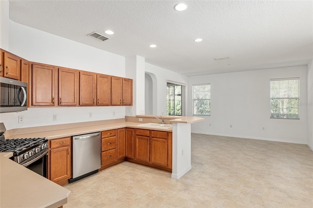 kitchen with kitchen peninsula, a wealth of natural light, sink, and appliances with stainless steel finishes