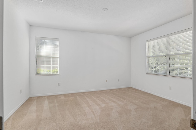 empty room featuring a textured ceiling and light carpet