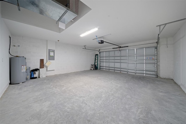 garage featuring electric panel, a garage door opener, and water heater