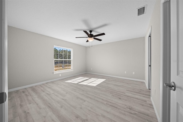 unfurnished room featuring ceiling fan, a textured ceiling, and light hardwood / wood-style flooring