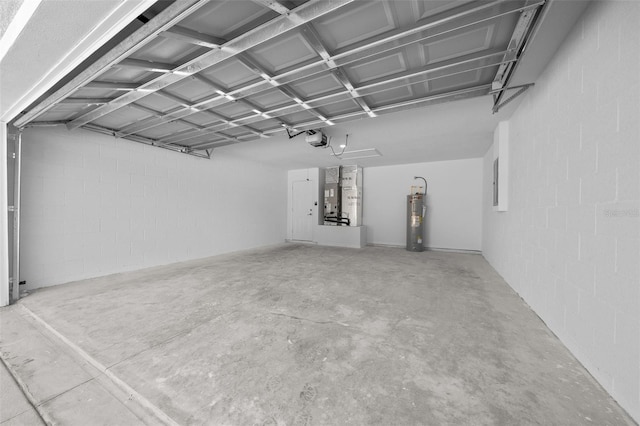 garage featuring electric water heater, heating unit, and a garage door opener