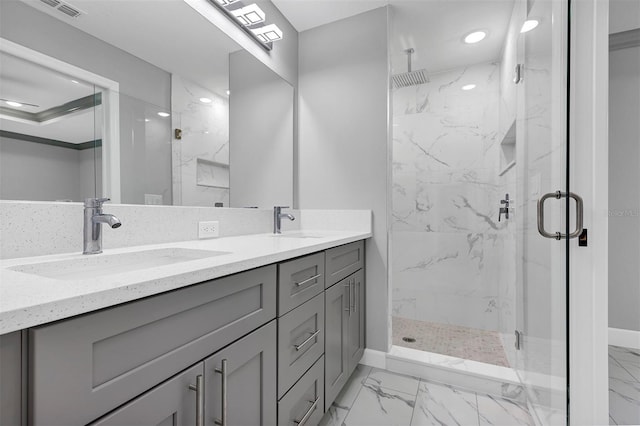 bathroom featuring vanity, walk in shower, and ornamental molding