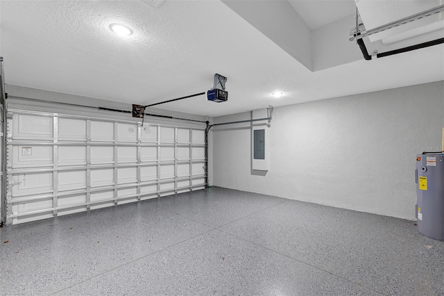 garage featuring electric panel, electric water heater, and a garage door opener