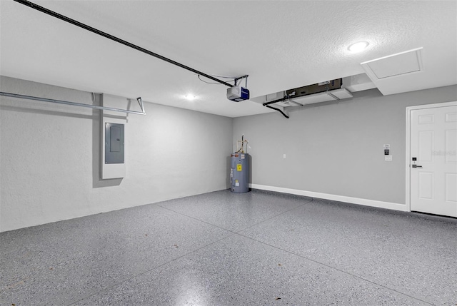 garage with electric panel, electric water heater, and a garage door opener