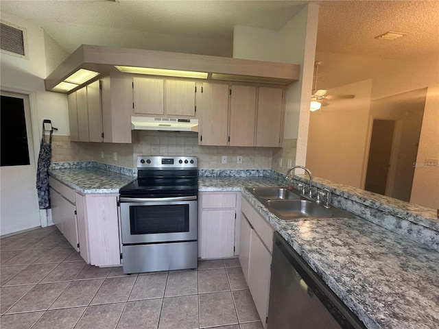 kitchen featuring electric stove, dishwashing machine, decorative backsplash, sink, and light tile patterned floors