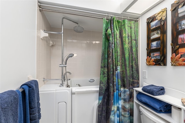 bathroom with toilet and shower / bath combination with curtain