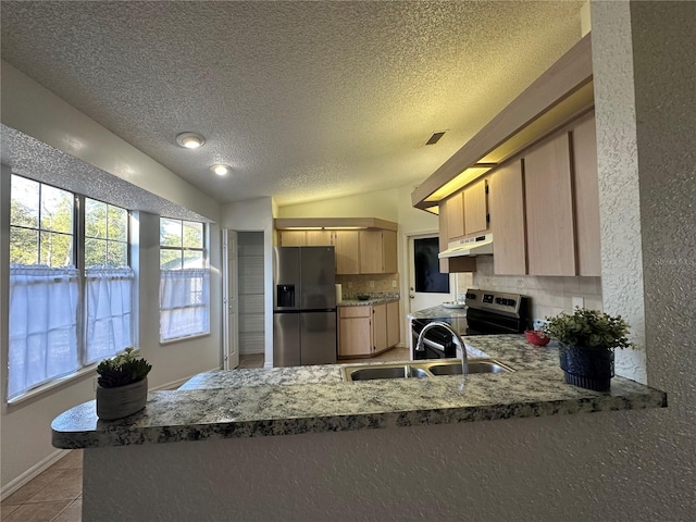 kitchen featuring tasteful backsplash, lofted ceiling, appliances with stainless steel finishes, a sink, and under cabinet range hood