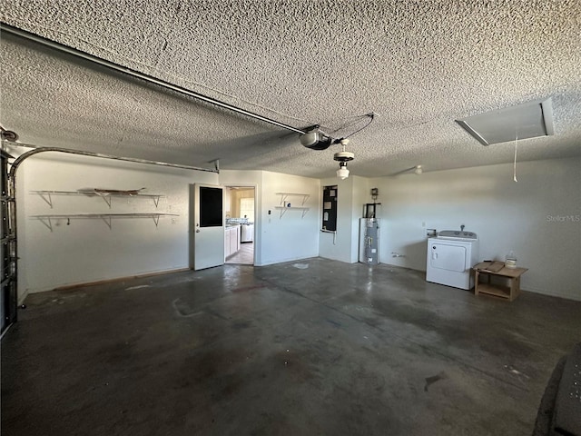 garage with a garage door opener, electric panel, and electric water heater