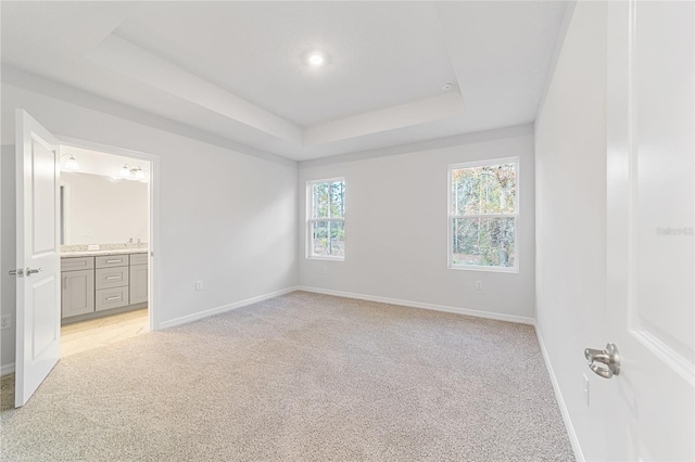 unfurnished bedroom featuring a raised ceiling, light colored carpet, and multiple windows