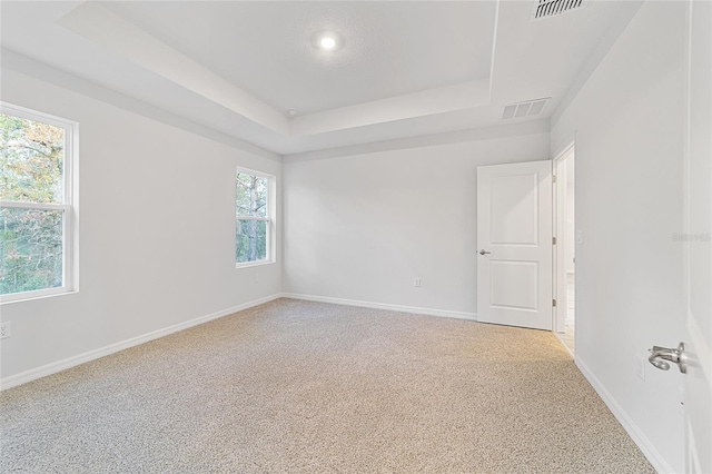 empty room with carpet flooring and a tray ceiling