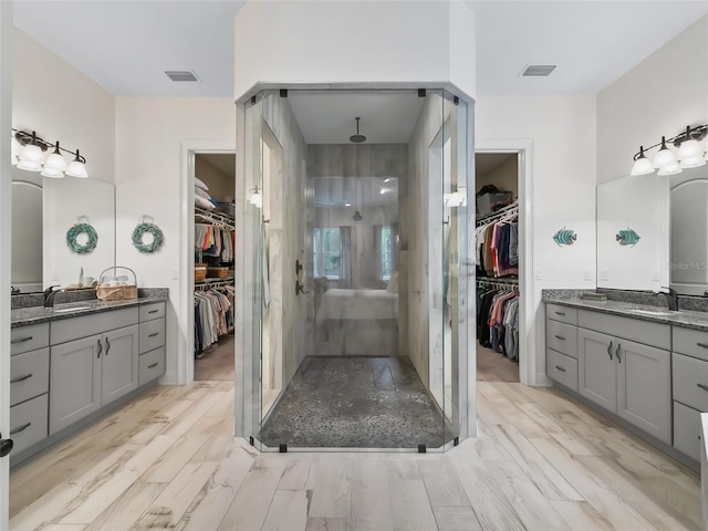 bathroom featuring walk in shower, vanity, and hardwood / wood-style flooring