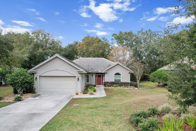 single story home featuring a front yard and a garage