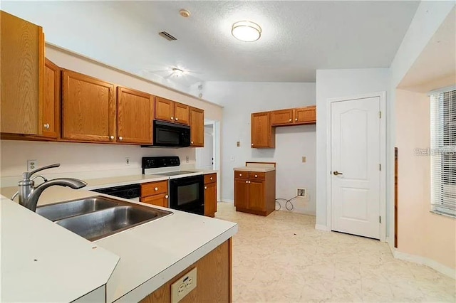 kitchen with white electric range, vaulted ceiling, and sink