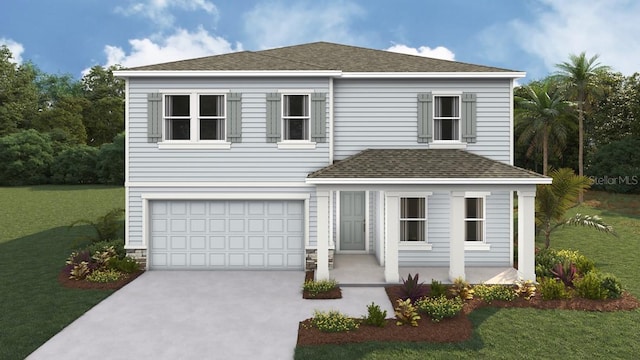 traditional-style house with a garage, a shingled roof, driveway, and a front lawn