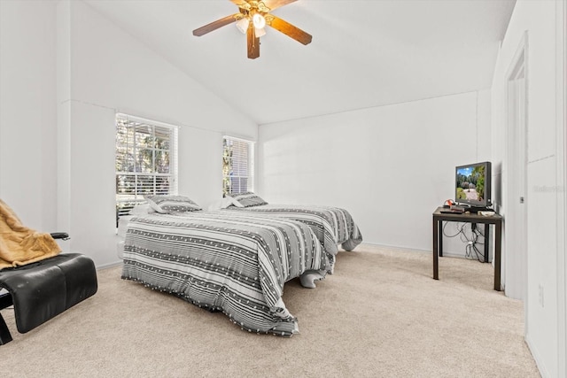 bedroom featuring ceiling fan, light colored carpet, and high vaulted ceiling