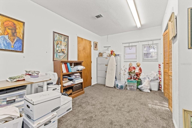 misc room with a textured ceiling and light colored carpet