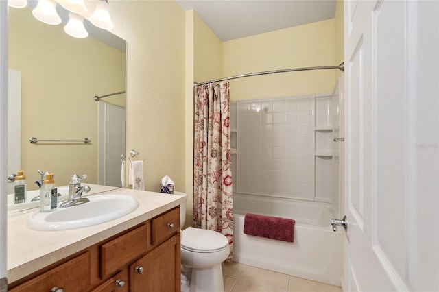 full bathroom with tile patterned flooring, vanity, toilet, and shower / tub combo with curtain