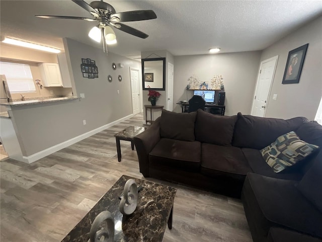 living room with a textured ceiling, light hardwood / wood-style floors, and ceiling fan