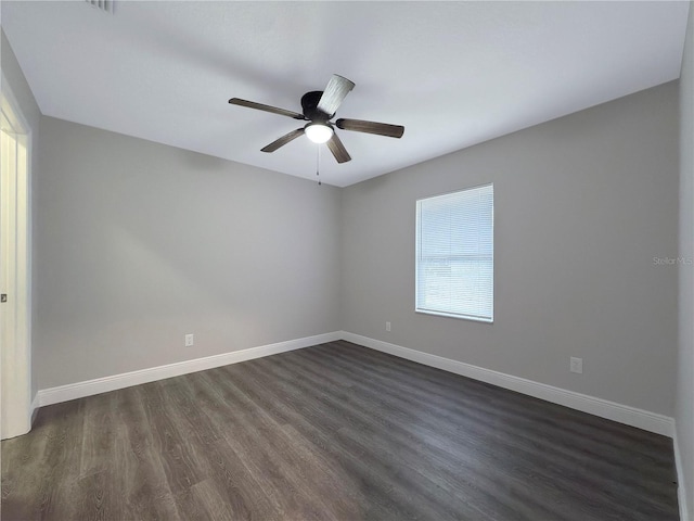 empty room featuring ceiling fan and dark wood-type flooring