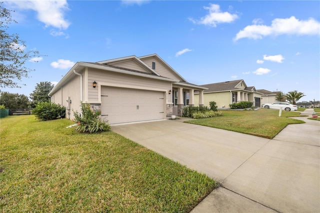 ranch-style house with a front yard and a garage