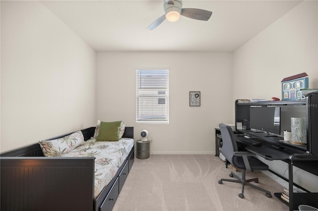 carpeted office with ceiling fan