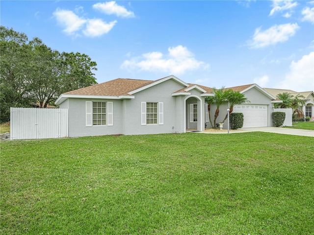 ranch-style home featuring a garage and a front lawn