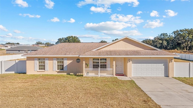 ranch-style home with a front lawn, a porch, and a garage