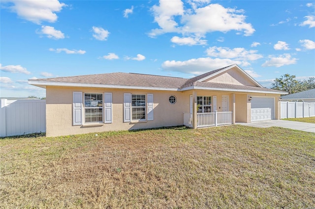 single story home featuring a front lawn, a porch, and a garage