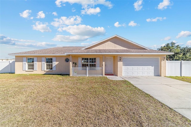 ranch-style home with a front yard, a porch, and a garage