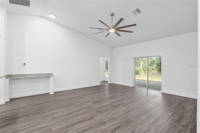 unfurnished living room featuring ceiling fan, high vaulted ceiling, and dark hardwood / wood-style floors