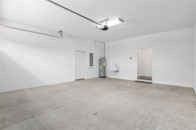 garage with sink, electric panel, a garage door opener, and water heater