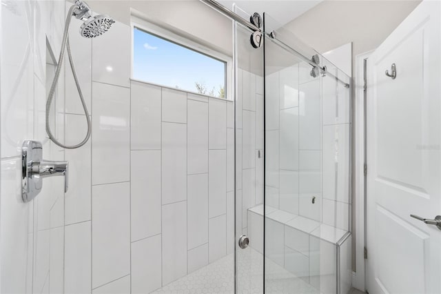 bathroom with a shower with shower door