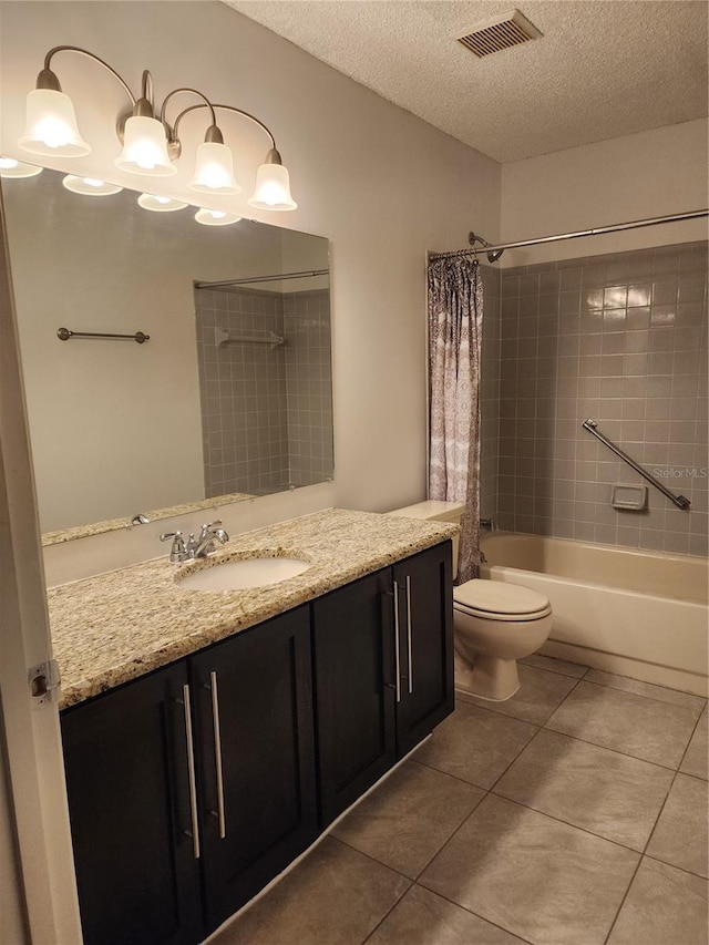 full bathroom featuring shower / bathtub combination with curtain, tile patterned flooring, a textured ceiling, toilet, and vanity