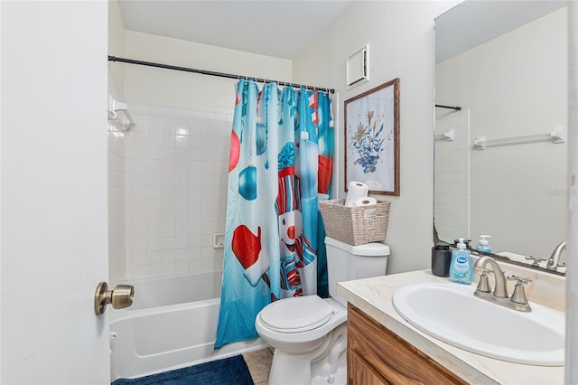 full bathroom featuring tile patterned flooring, shower / bath combination with curtain, toilet, and vanity