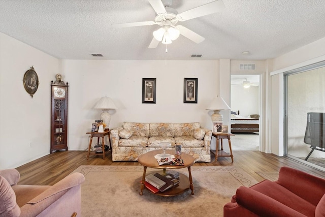 living room featuring a textured ceiling and light hardwood / wood-style flooring