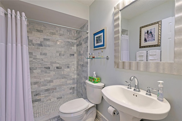 bathroom featuring toilet, sink, and a shower with shower curtain