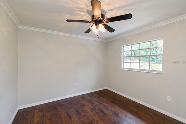 unfurnished room featuring ceiling fan, dark hardwood / wood-style flooring, and ornamental molding