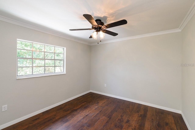 unfurnished room with ornamental molding, ceiling fan, and dark wood-type flooring