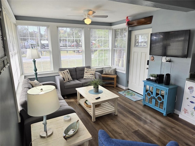 living room with dark hardwood / wood-style flooring and ceiling fan